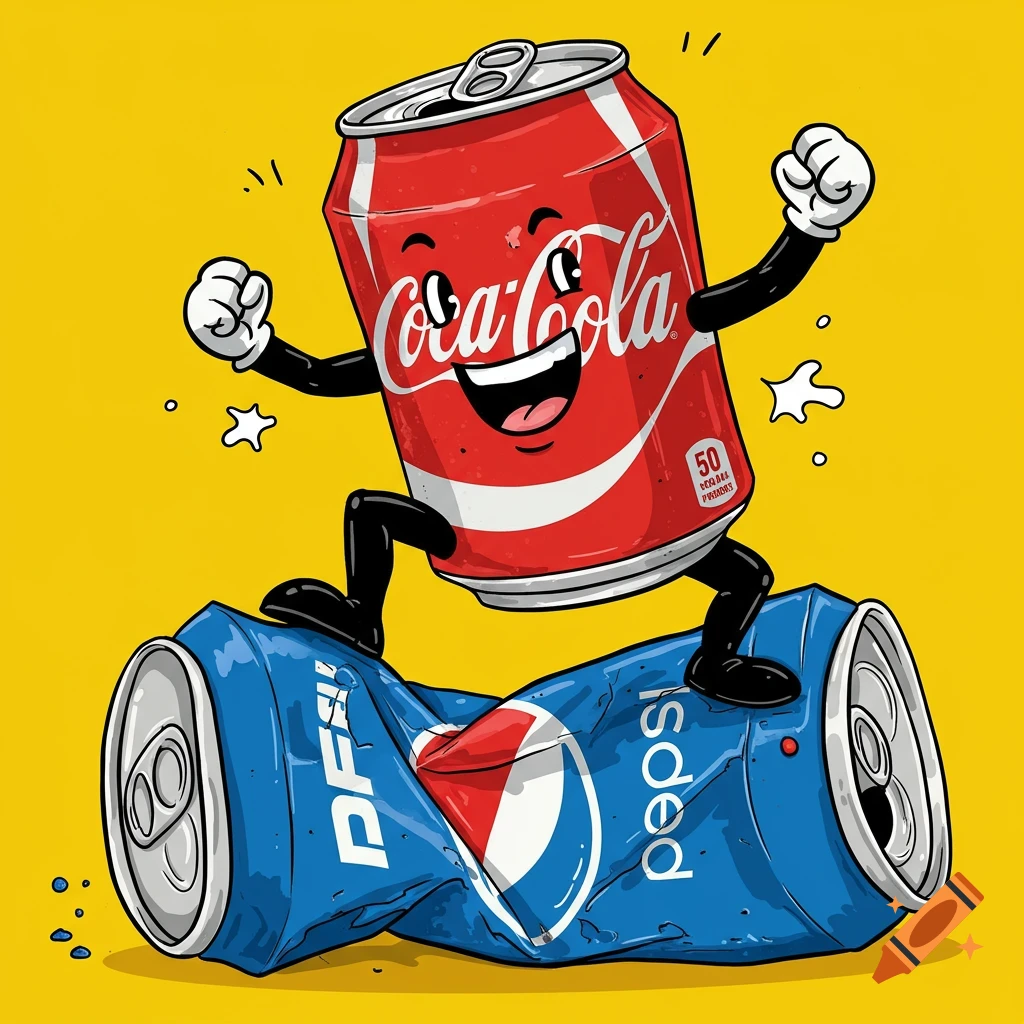 Cartoon illustration of an anthropomorphic Coca-Cola can stepping on a crushed Pepsi can.