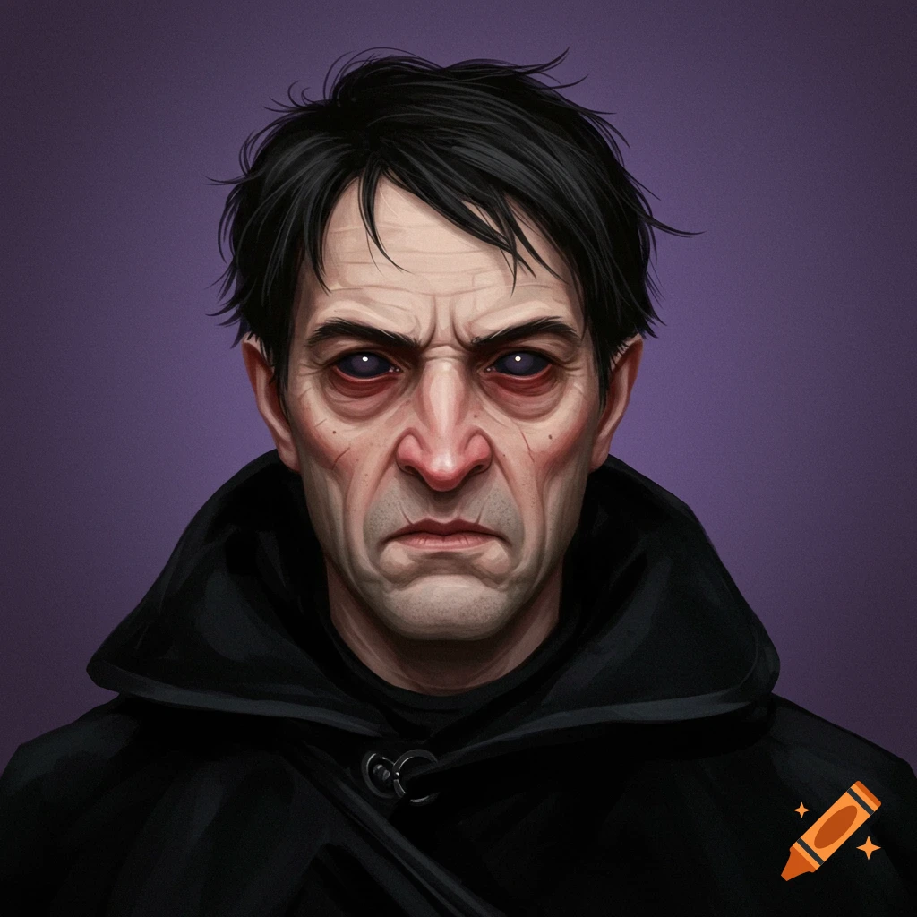 A portrait of a stern man in a black cloak with dark eyes against a purple background.