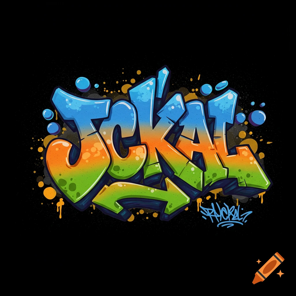 A colorful graffiti throwie spelling "JACKAL" with drips and splatters on black.