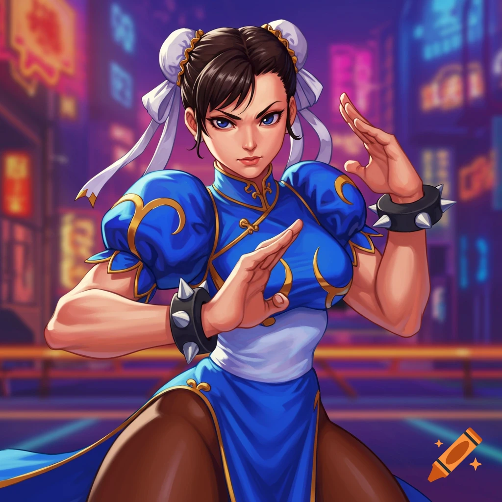 Chun-Li in her blue dress striking a pose in a city at night.