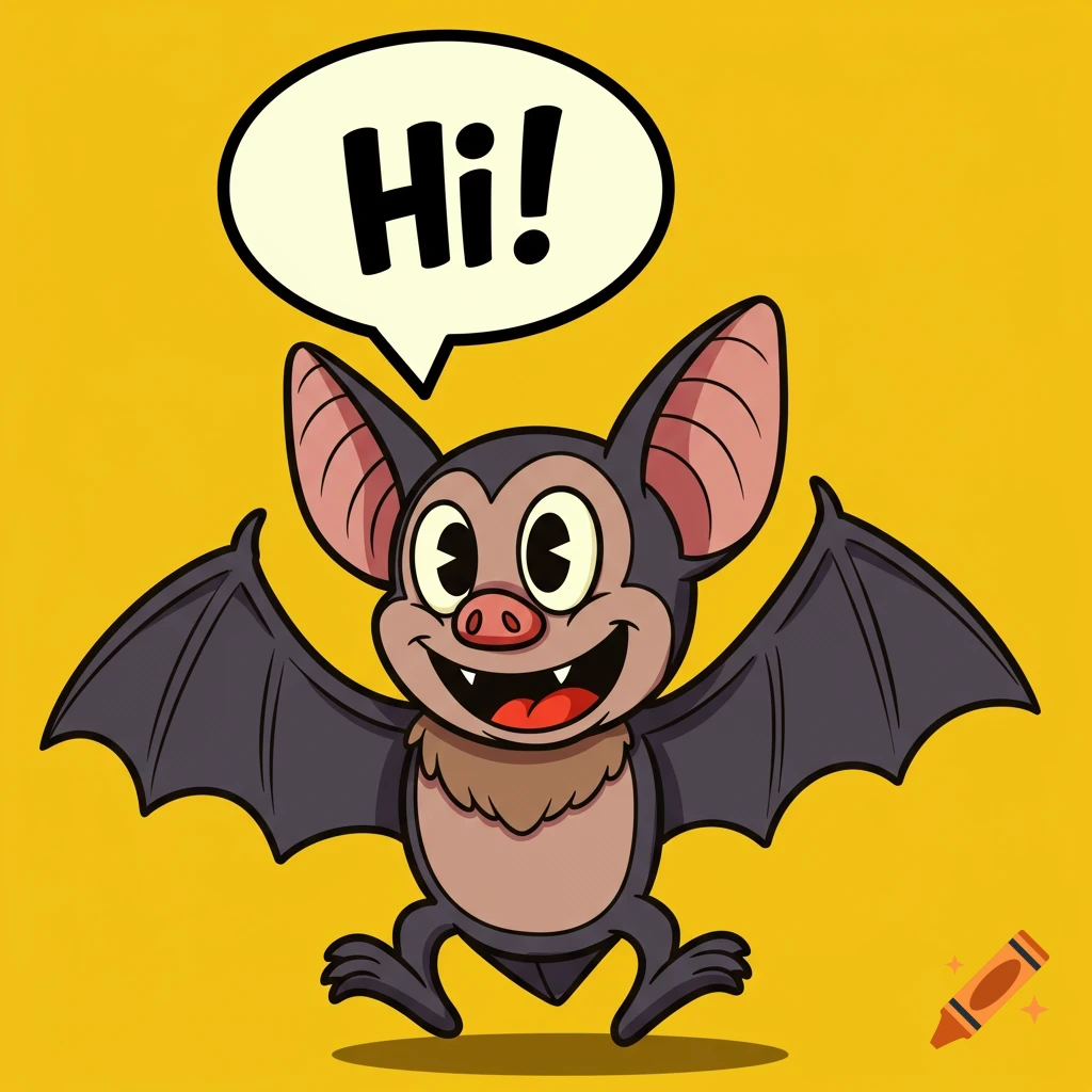 A cartoon bat says Hi! in a speech bubble.