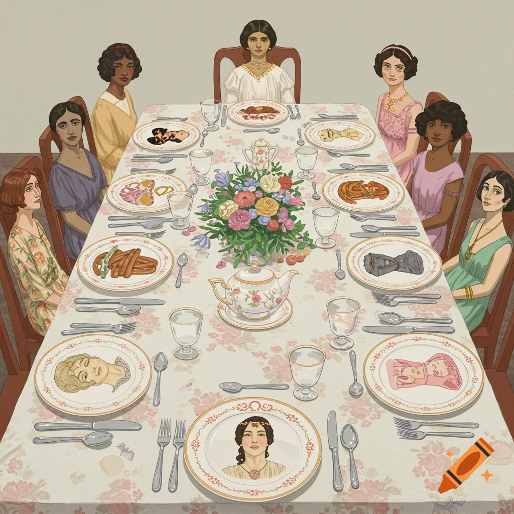 Women seated around a triangular dinner table, recreating The Dinner Party artwork.