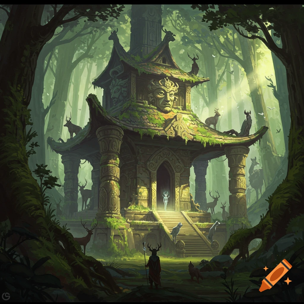 A mystical temple in a forest clearing, surrounded by deer-like creatures.