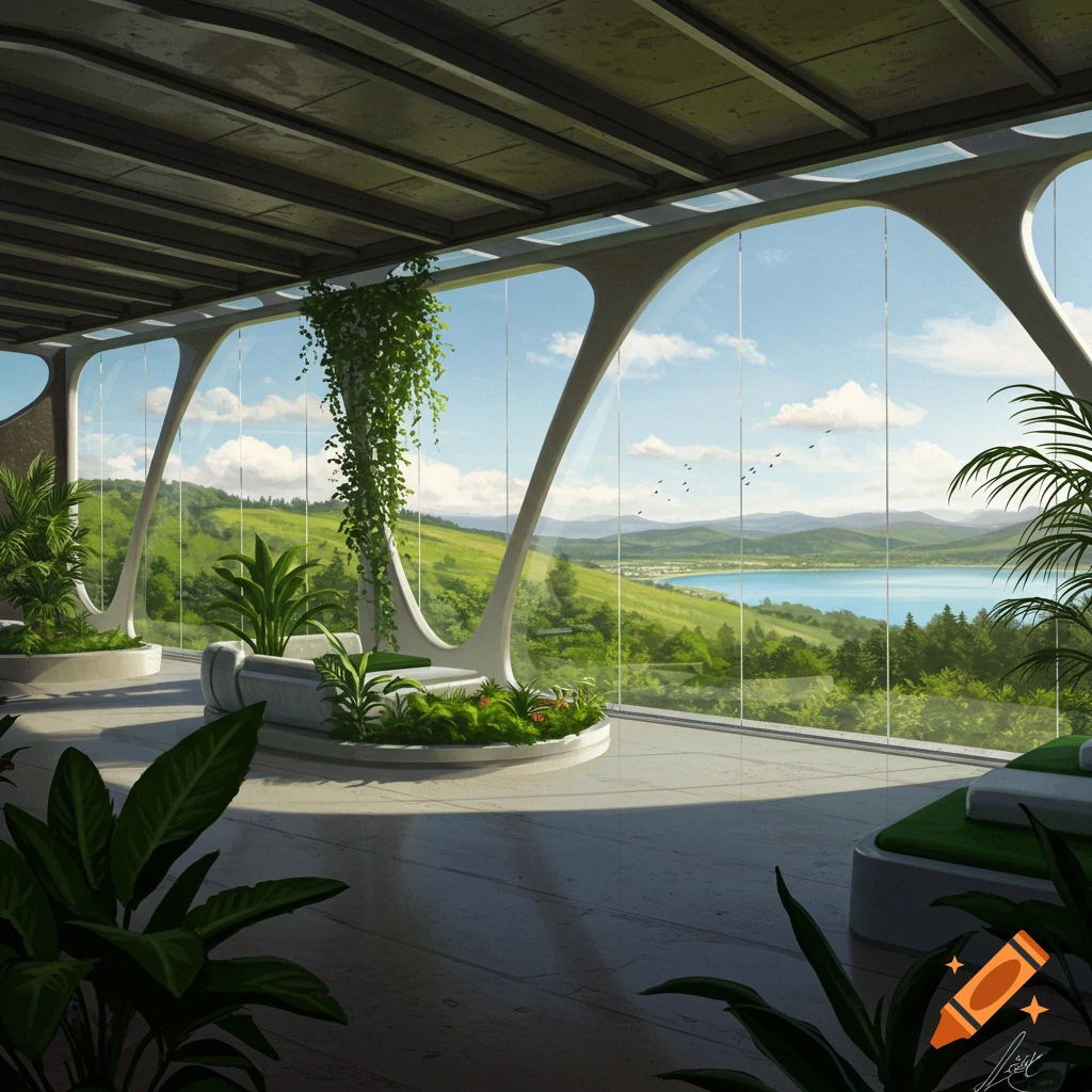 A futuristic greenhouse interior with large windows overlooking a lush green landscape, lake, and hills.
