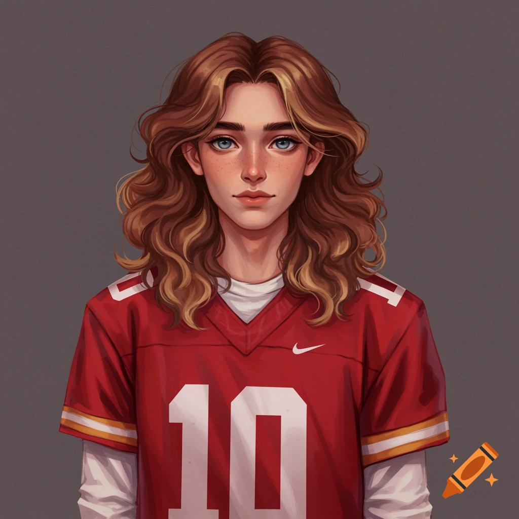 A person with long brown hair wearing a red football jersey with the number 10.