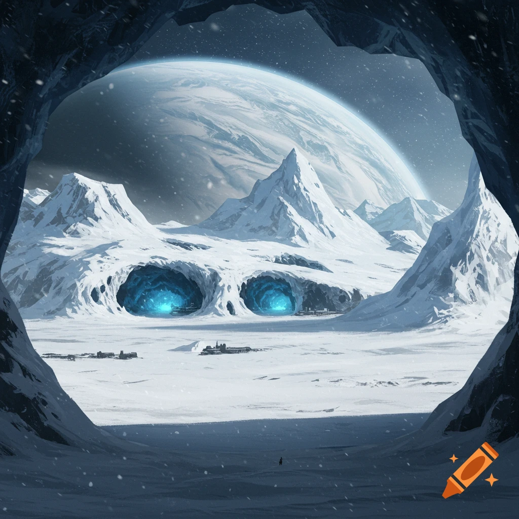 A snowy alien landscape with glowing blue caves, snow-covered mountains, and a large planet in the sky.