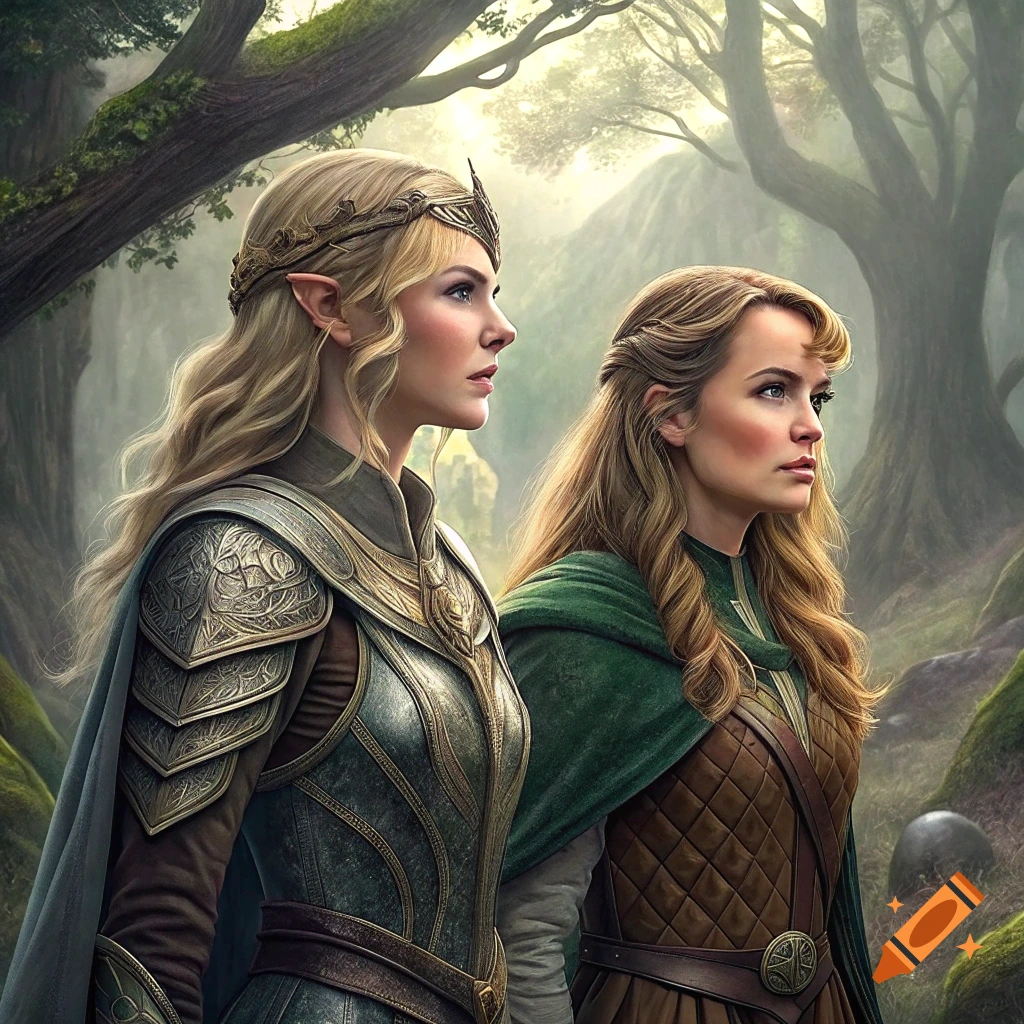 Two women in fantasy armor stand in a forest, looking into the distance.