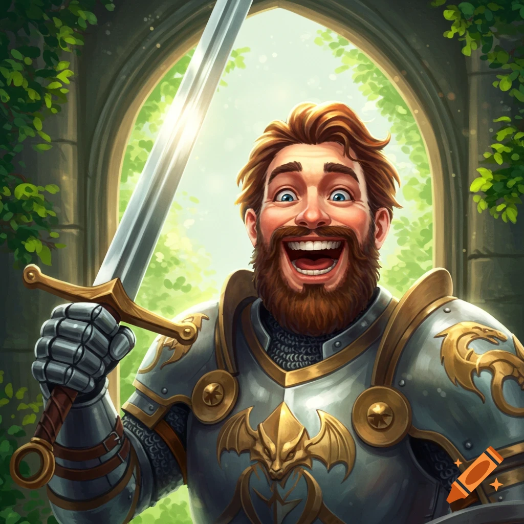 A happy knight in armor holding a sword with an archway background.