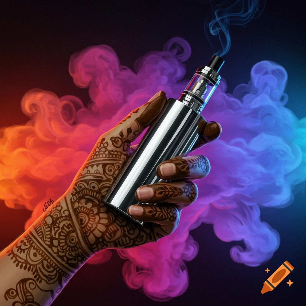 A hand with henna holds a vaporizer amidst colorful smoke