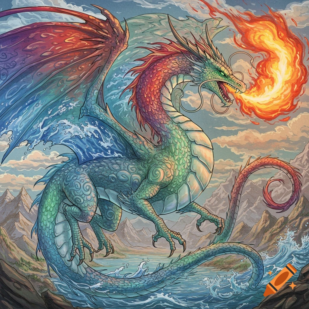 Detailed drawing of a vibrant dragon breathing fire while flying over mountains, water, and sky.