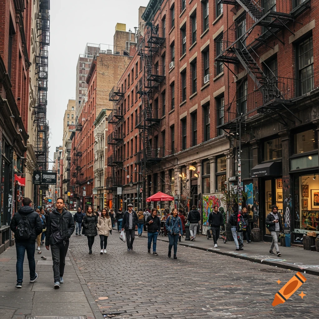 A bustling street scene in a city with brick buildings, fire escapes, and people walking on a cobblestone street.