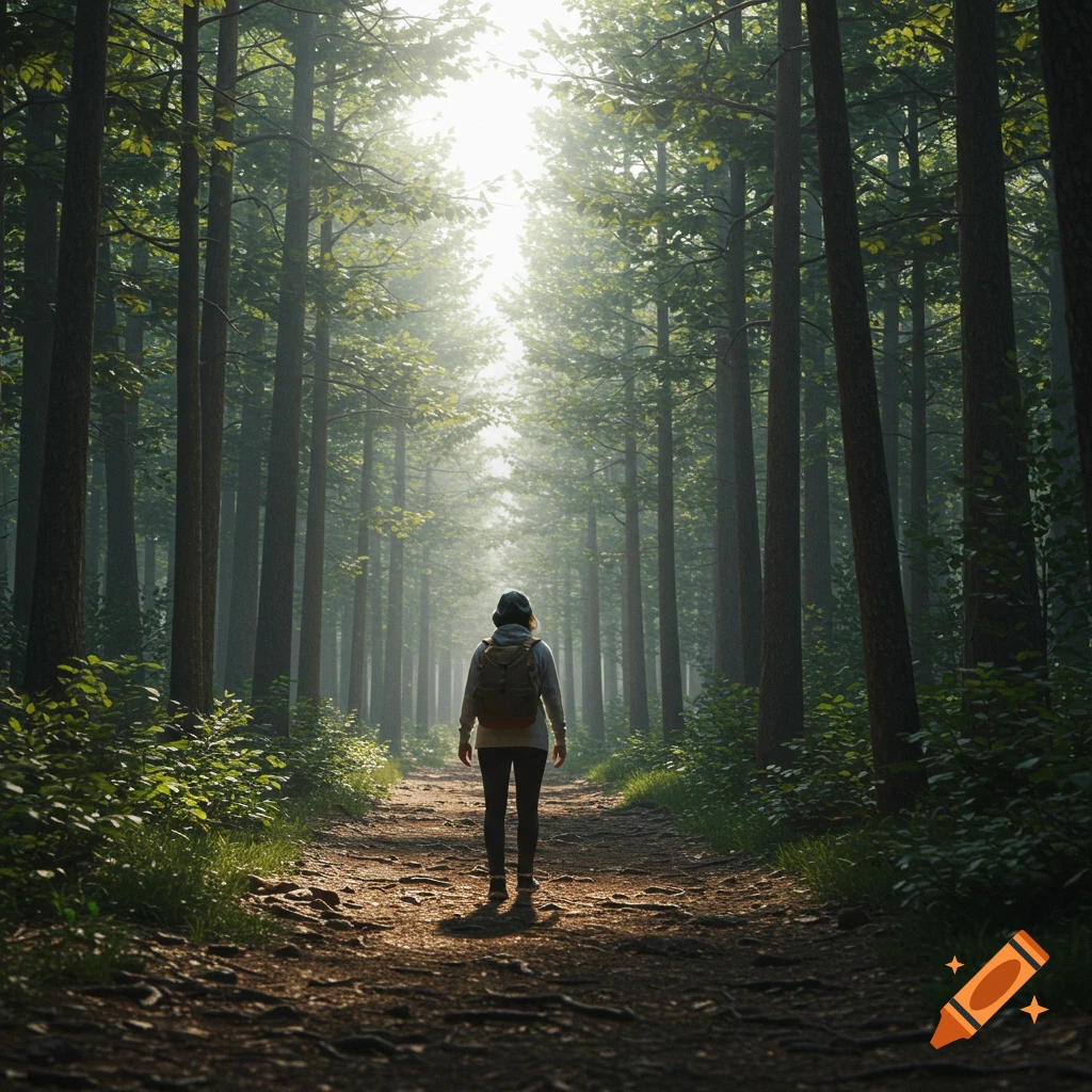 A person walks away down a sunny path through a dense forest