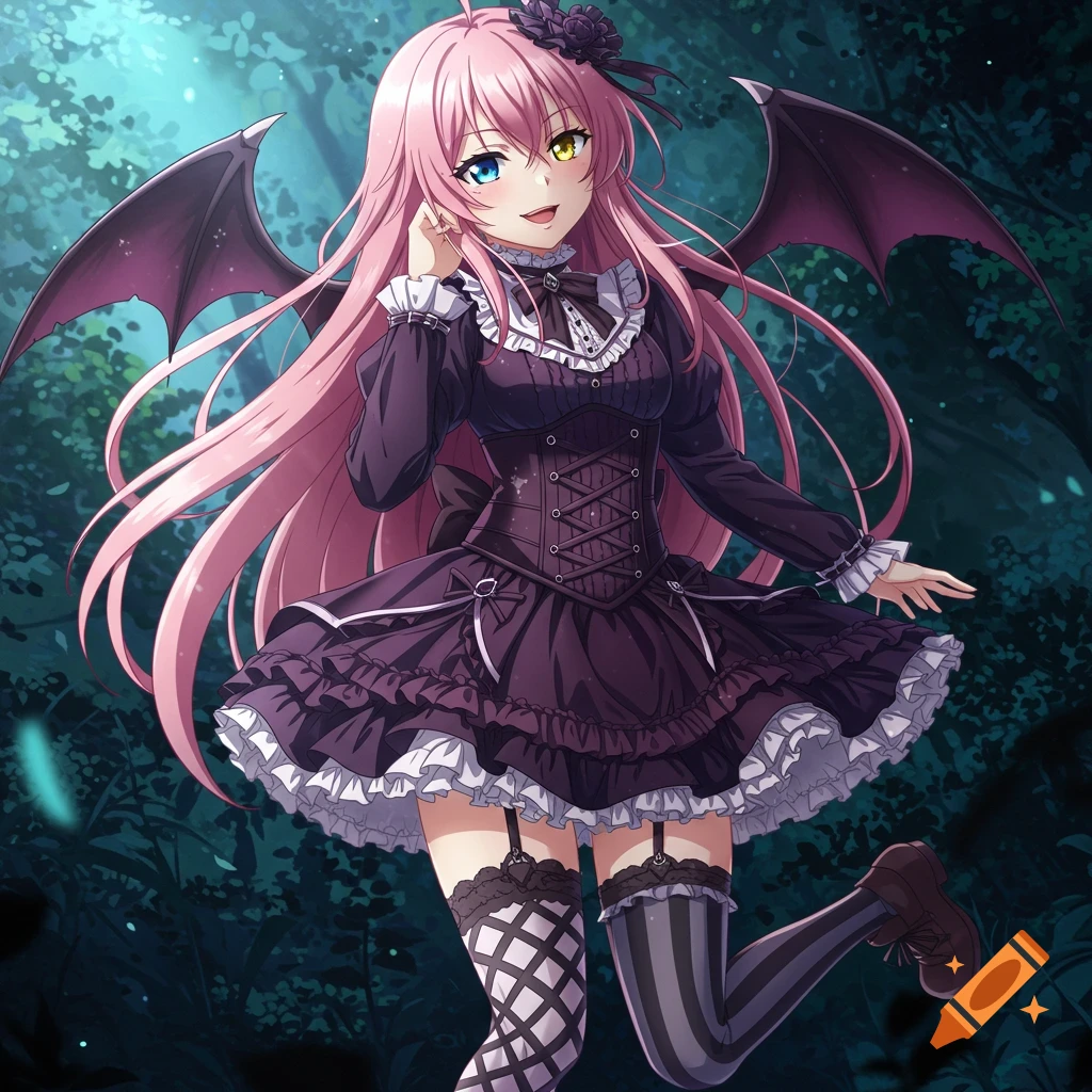 Anime girl with pink hair and bat wings in a gothic dress stands in a forest.