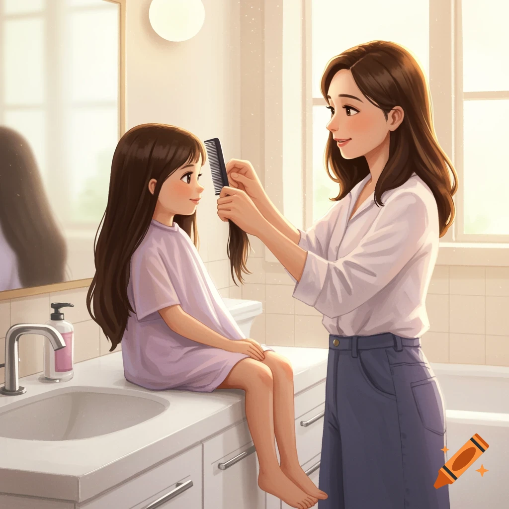 A mother gently combing her daughter's long hair in a bright bathroom.