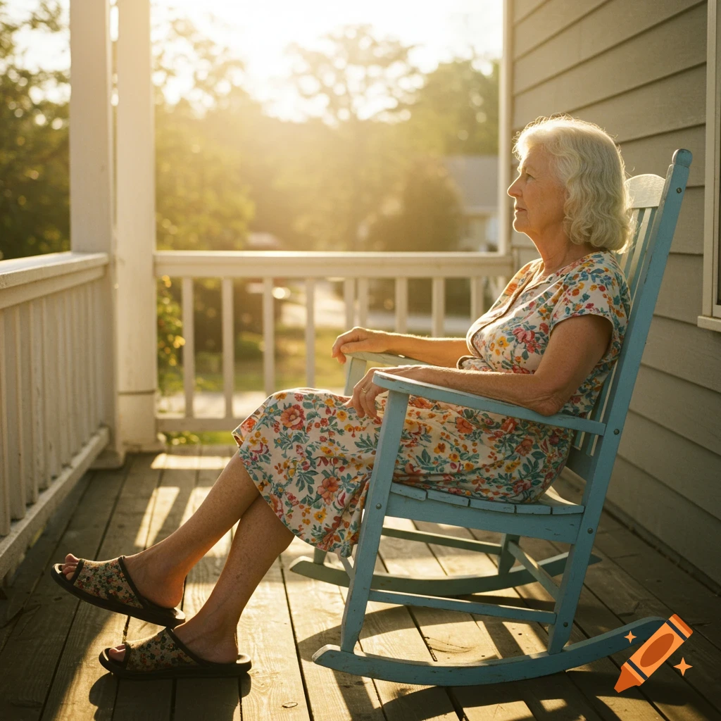 An elderly woman sits in a rocking chair on a sunny porch.