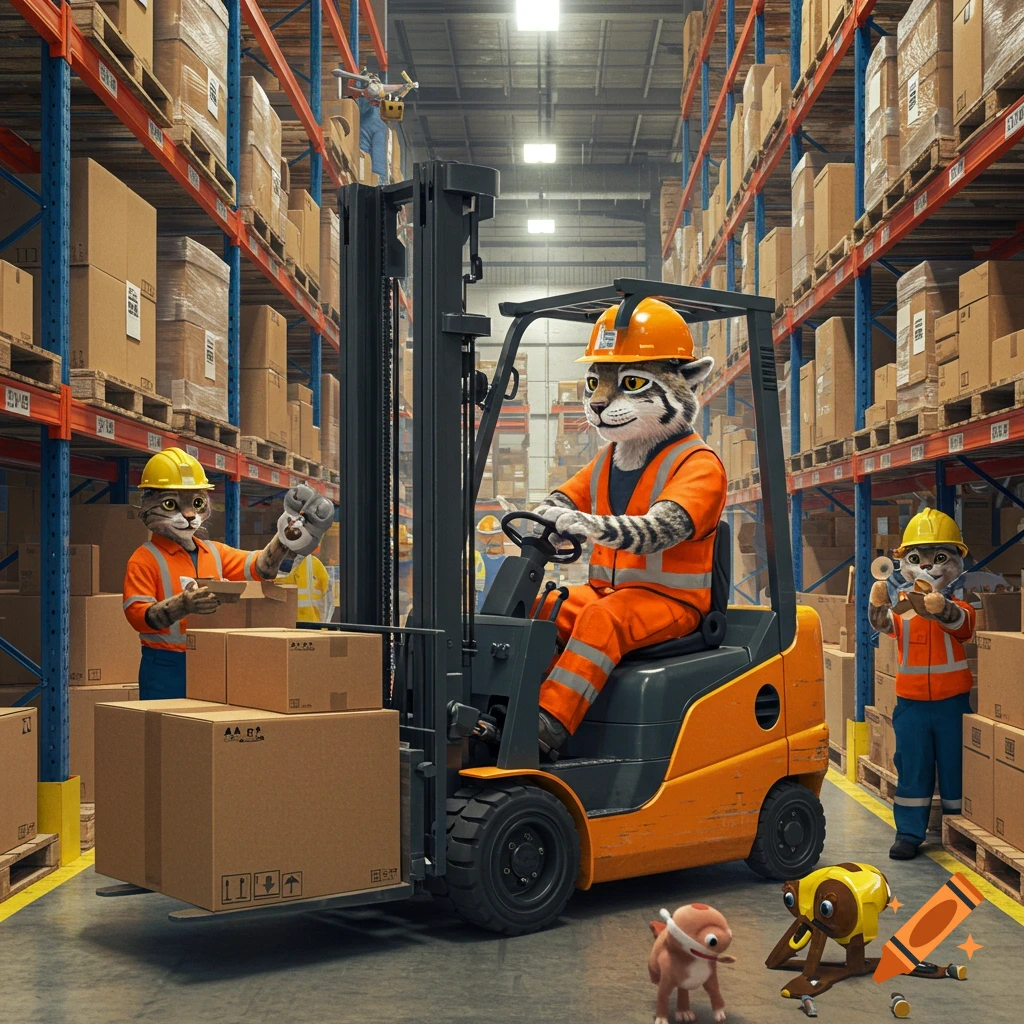 bobcats working in a warehouse with a forklift