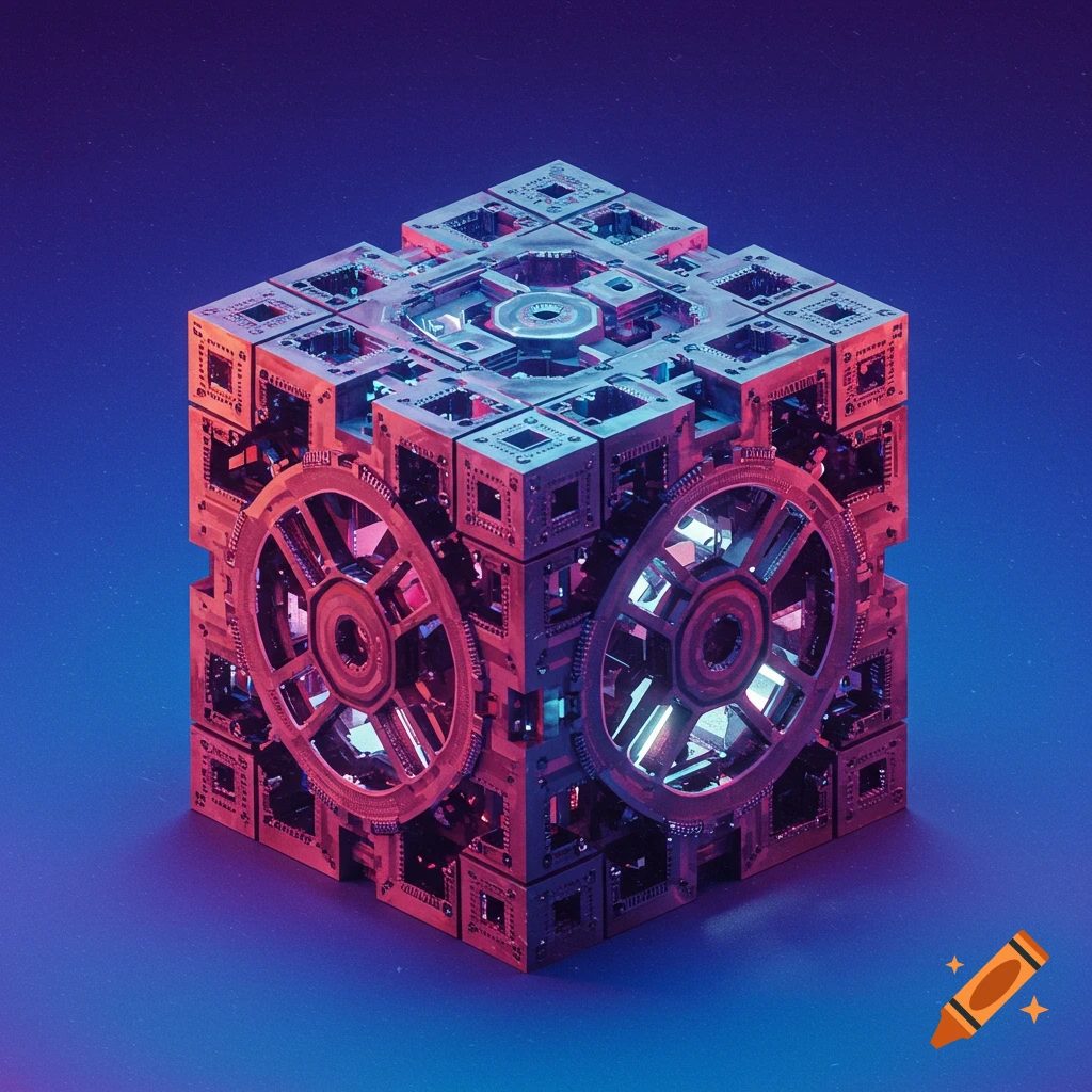 Detailed metallic cube with gears illuminated by red and blue light