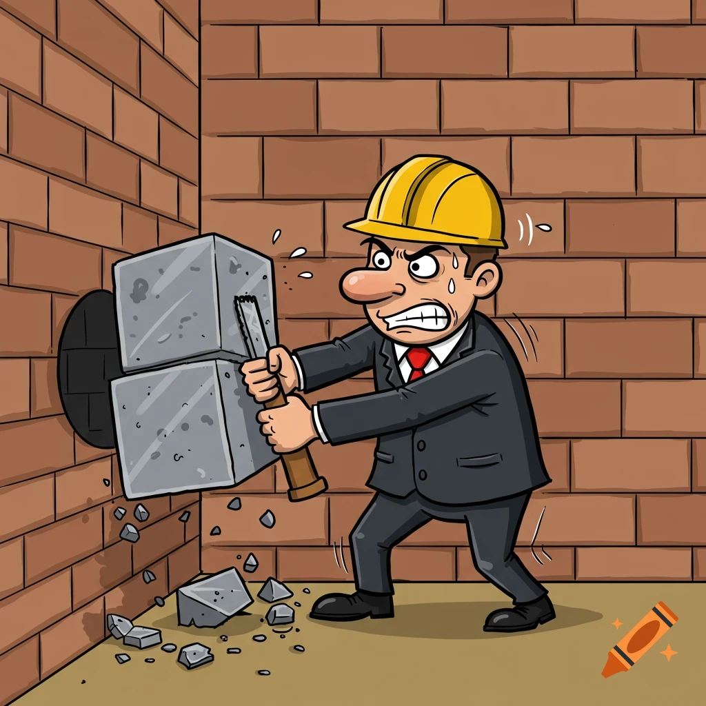 Cartoon of a man in a suit and construction hard hat trying to chisel a large square block into a small round hole in a brick wall.