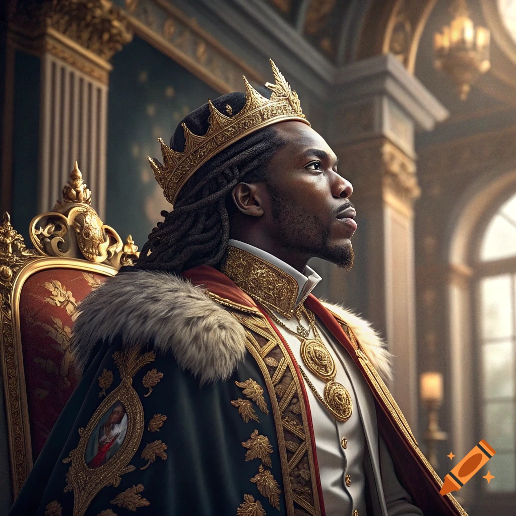 A king with dreadlocks wearing a gold crown and royal robes sits on a throne in a lavish room.