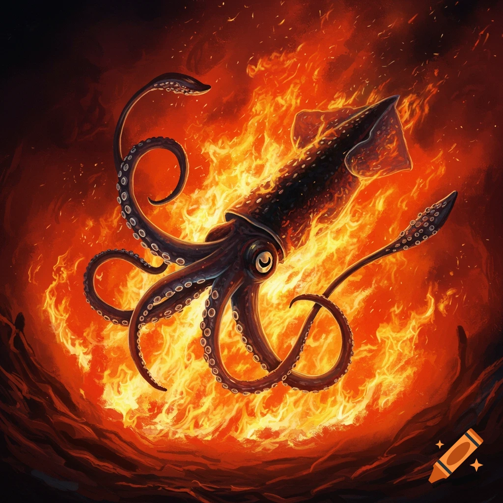 A large squid is surrounded by intense fire.