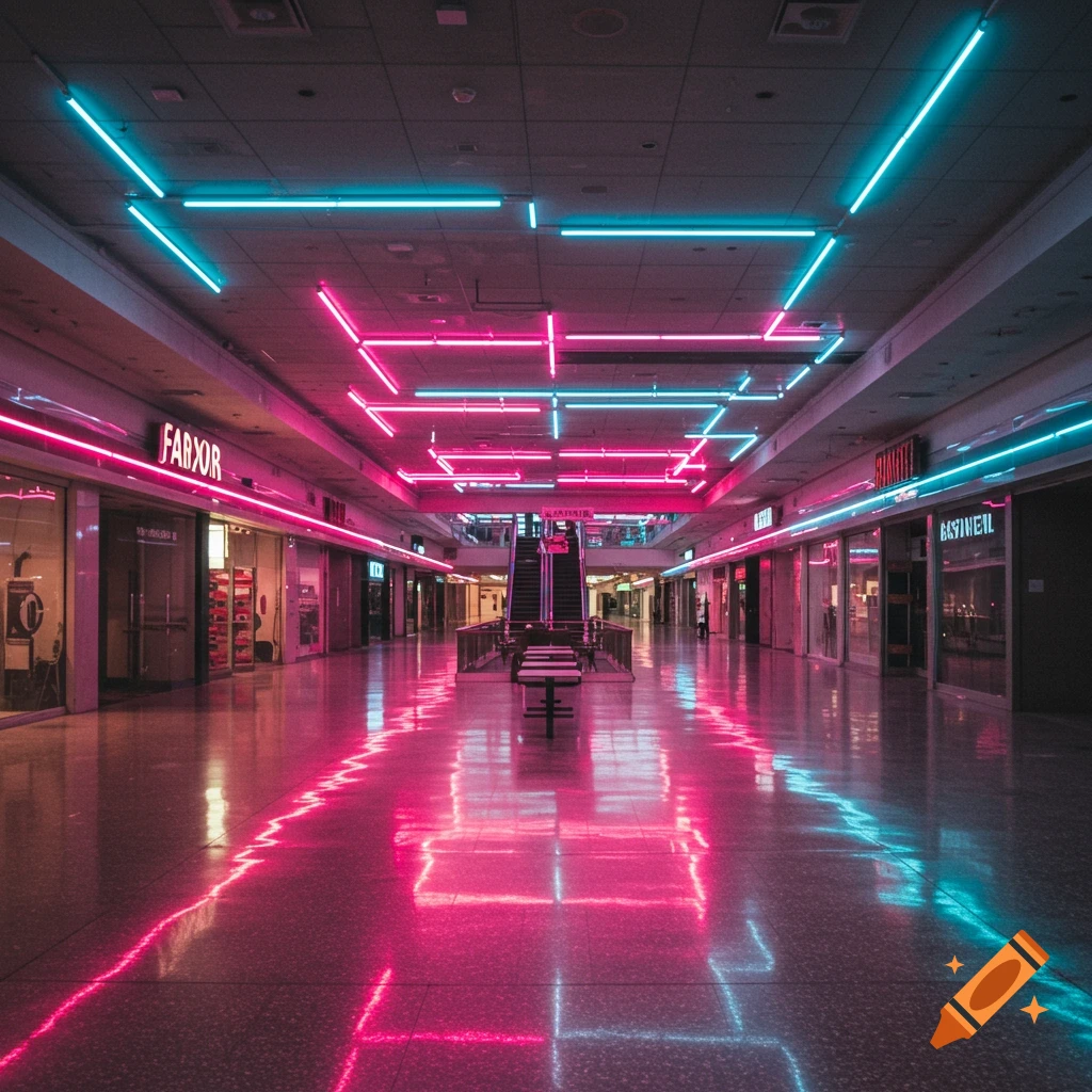An empty 80s mall interior glows with pink and blue neon lights reflected on the polished floor.