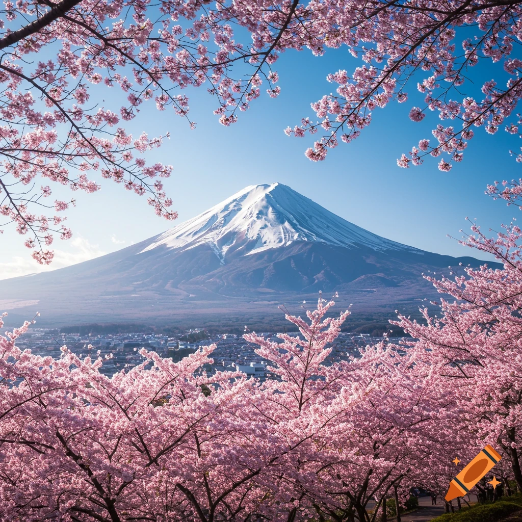 Mount Fuji visible behind vibrant pink cherry blossoms under a clear blue sky.