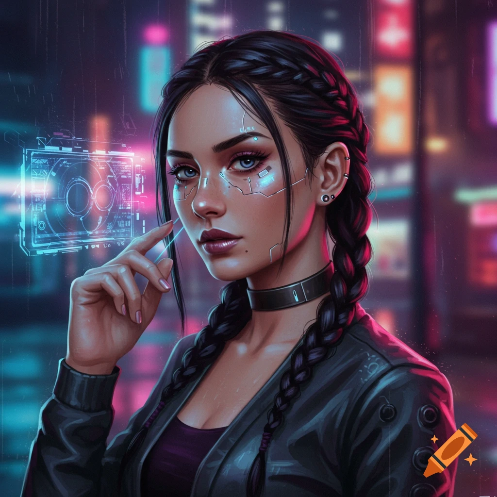 A cyberpunk girl with braids, cybernetic face markings, and a holographic interface in a rainy neon city.