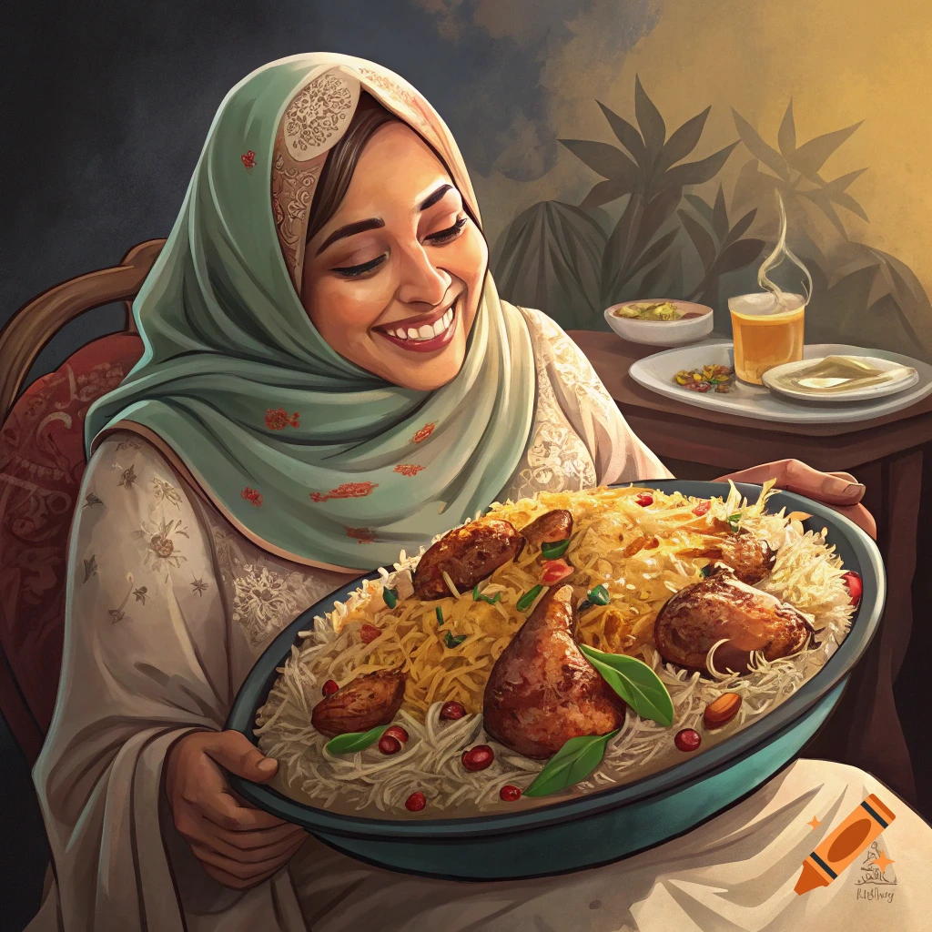 Smiling woman in headscarf holding a large platter of biriyani, illustration.