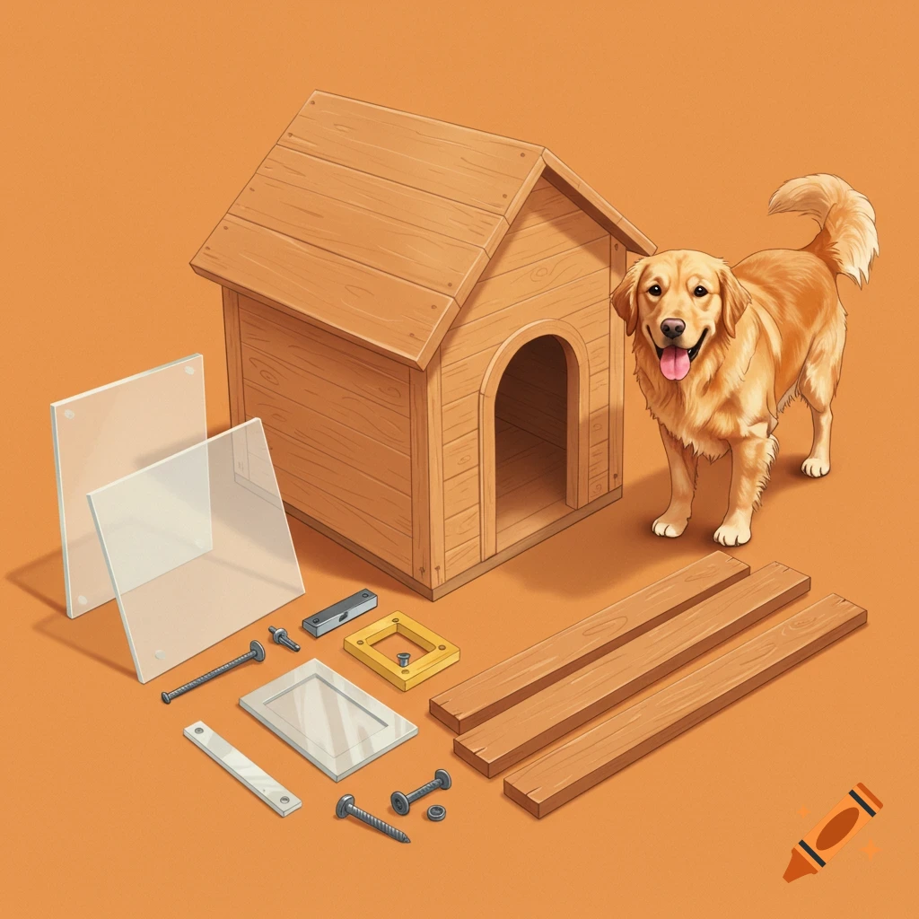 A golden retriever stands next to materials to build a dog house.
