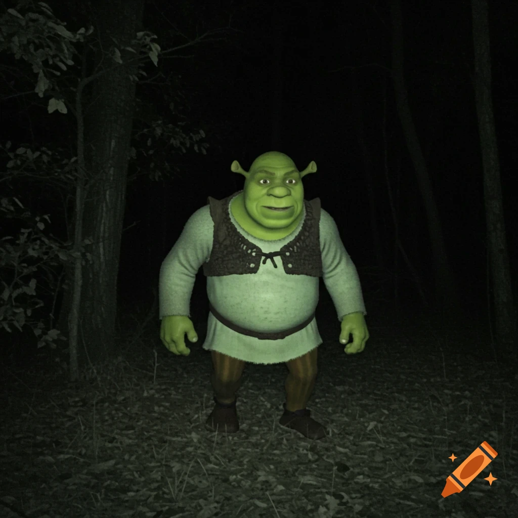 Shrek stands in a dark forest at night, captured by a trail camera.