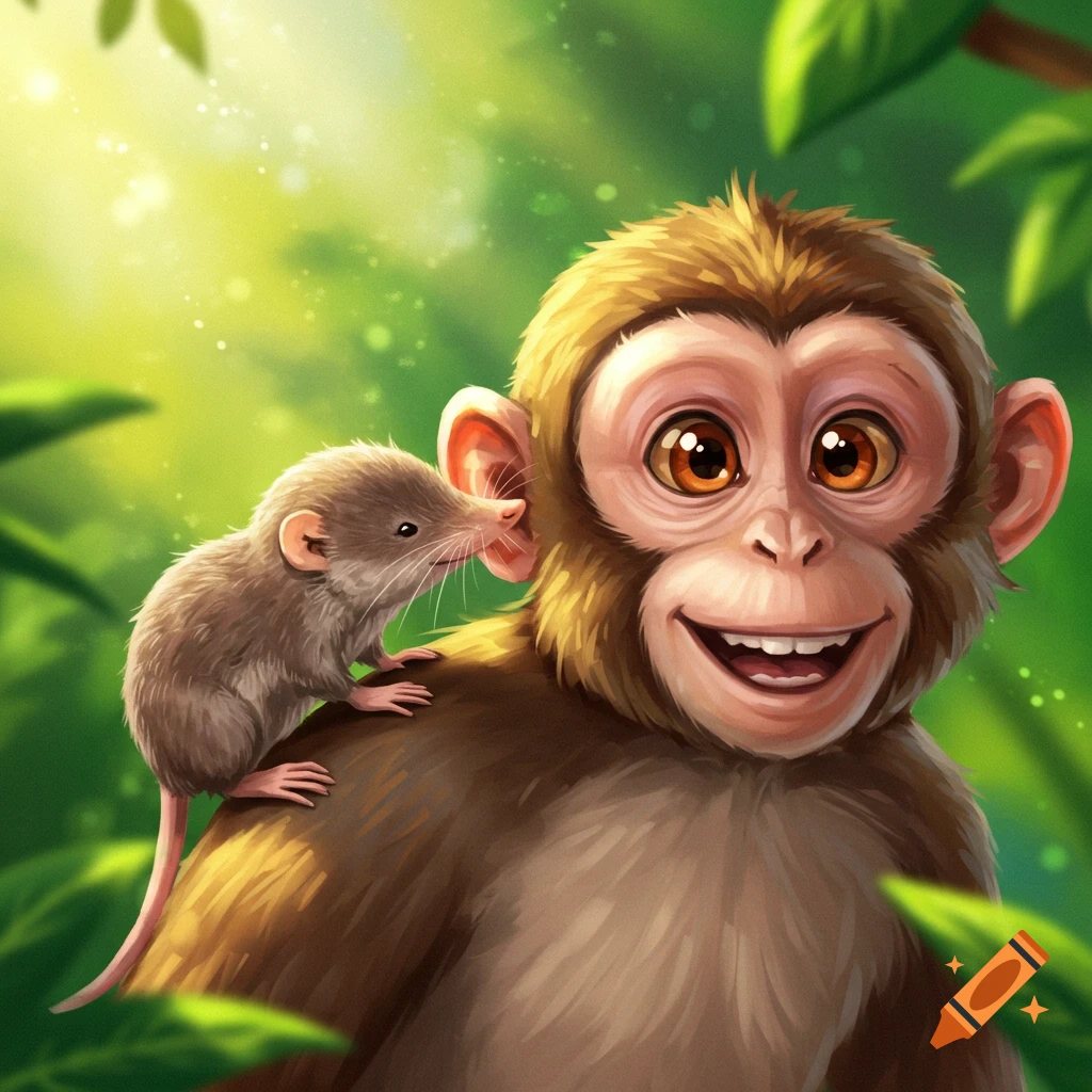 A cartoon shrew whispers into the ear of a cartoon monkey in a jungle.