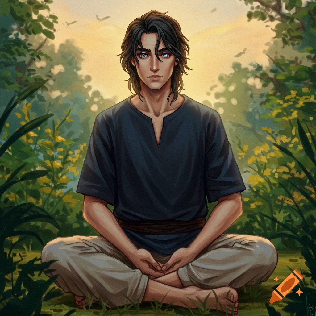 A man meditating in a forest at sunset.