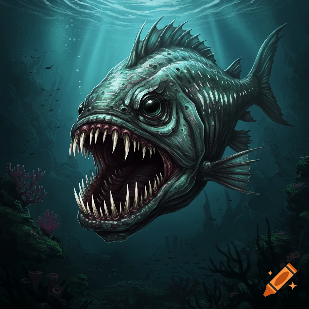 A large, scary fish with sharp teeth swims underwater.