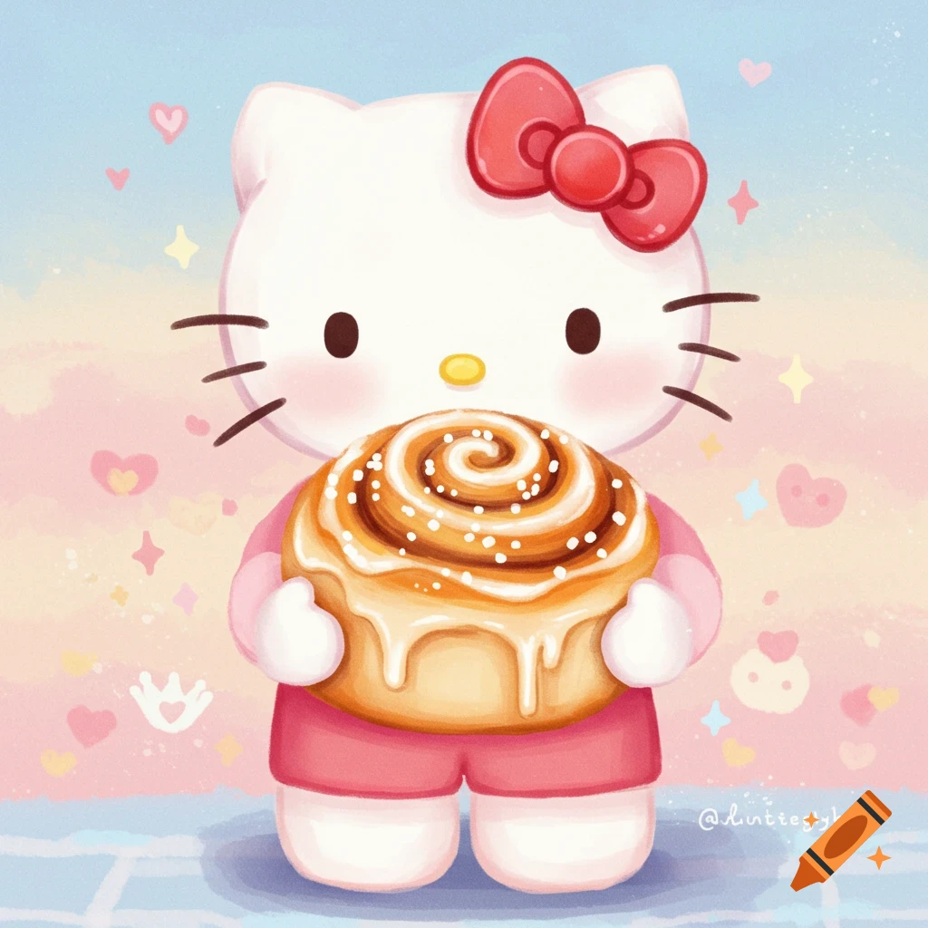 A purple plush bunny with a Hello Kitty face sits in a pastel fantasy ...
