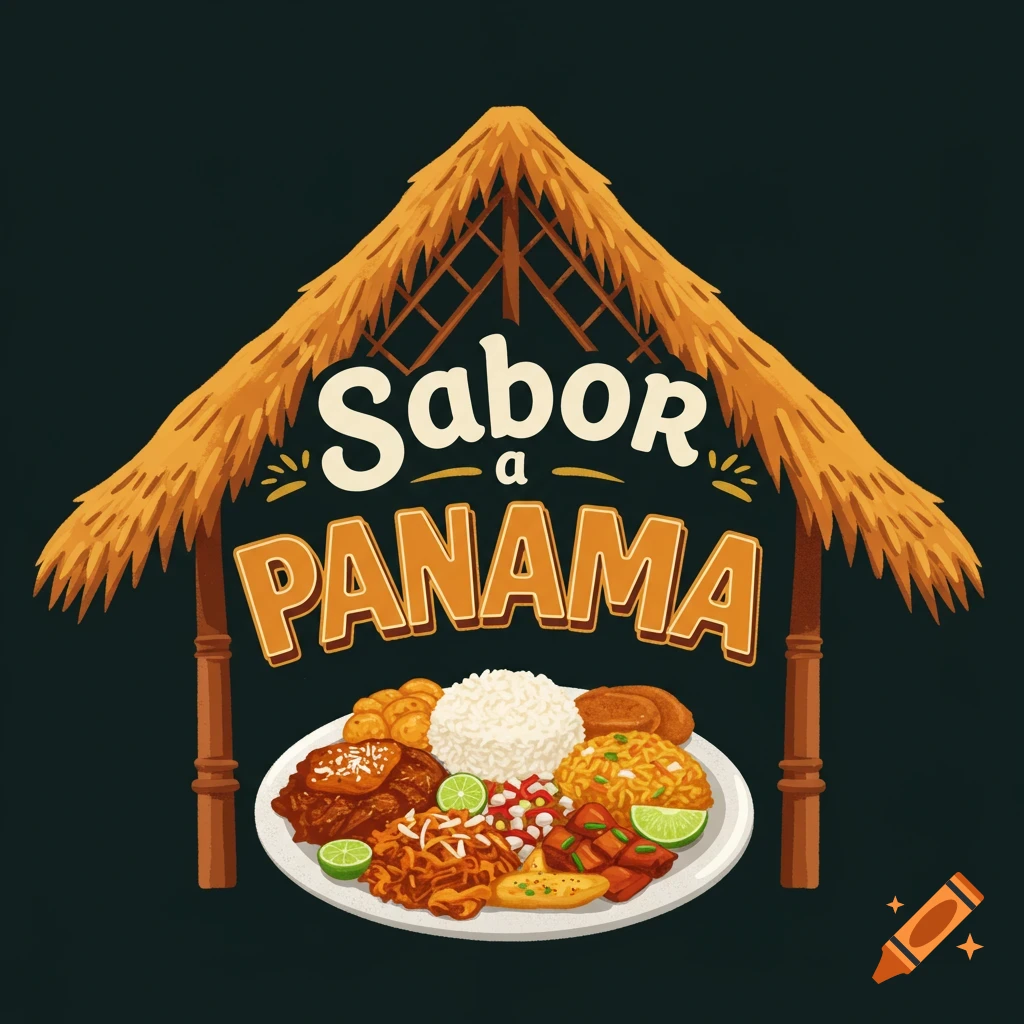 Logo for Sabor a Panama featuring a plate of food under a thatched roof.