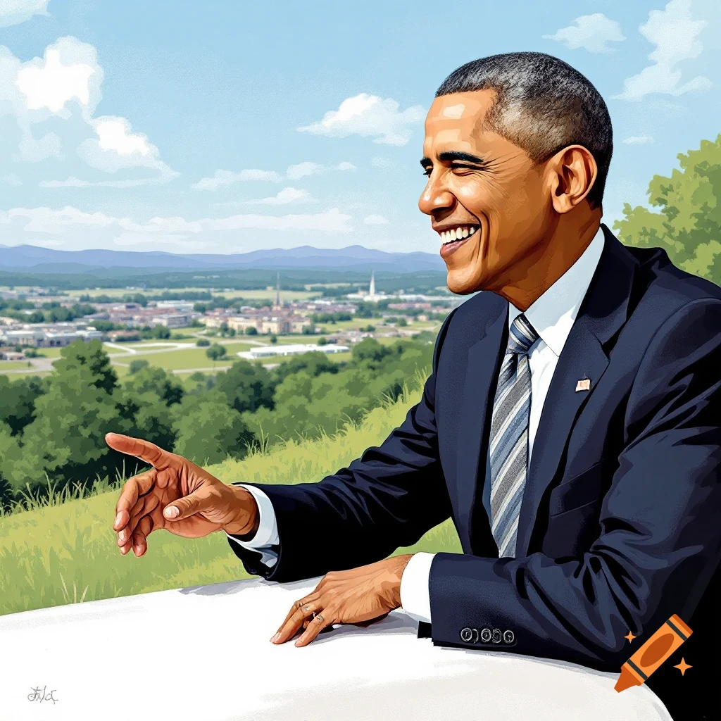 Illustration of Barack Obama smiling and pointing, overlooking a landscape.