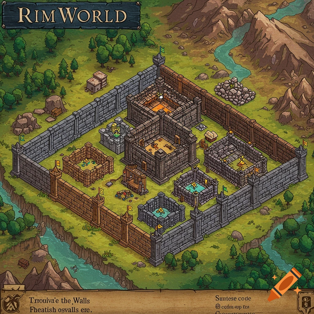 Stylized map of a RimWorld base with walls, buildings, river, and mountains.