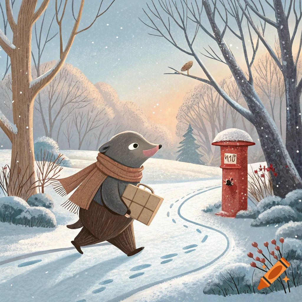 An illustration of a mole walking through a snowy winter forest towards a red mailbox, carrying a package.