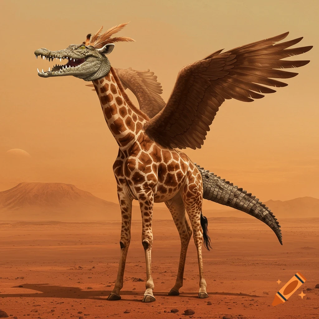 A creature with a giraffe body, crocodile head and tail, and wings stands in a red, desert-like landscape.