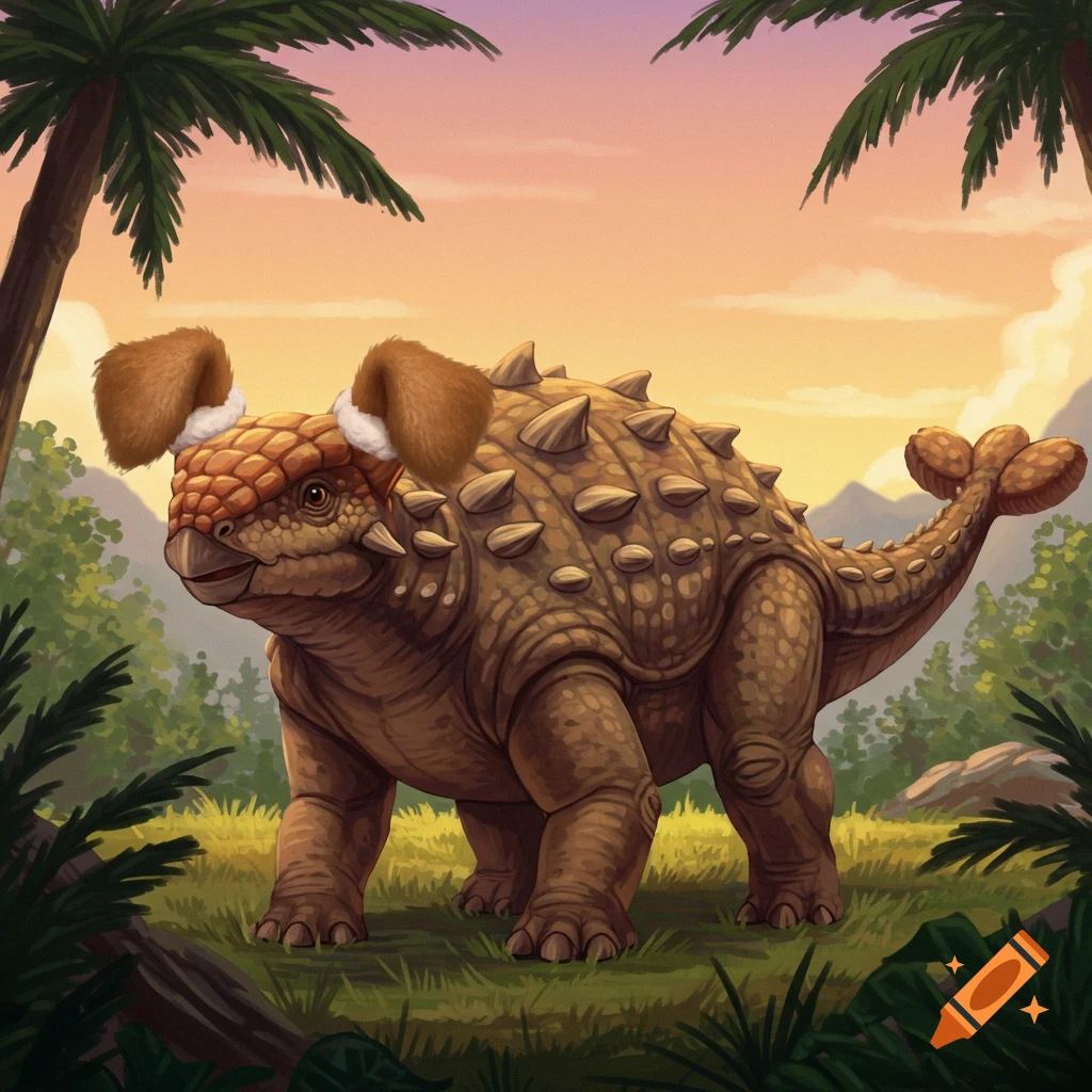 An Ankylosaurus dinosaur wearing puppy ears in a prehistoric landscape at sunset.