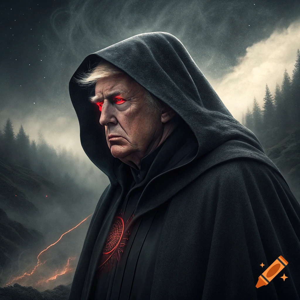 Donald Trump as a Sith Lord in a dark fantasy landscape with red eyes and lightning.