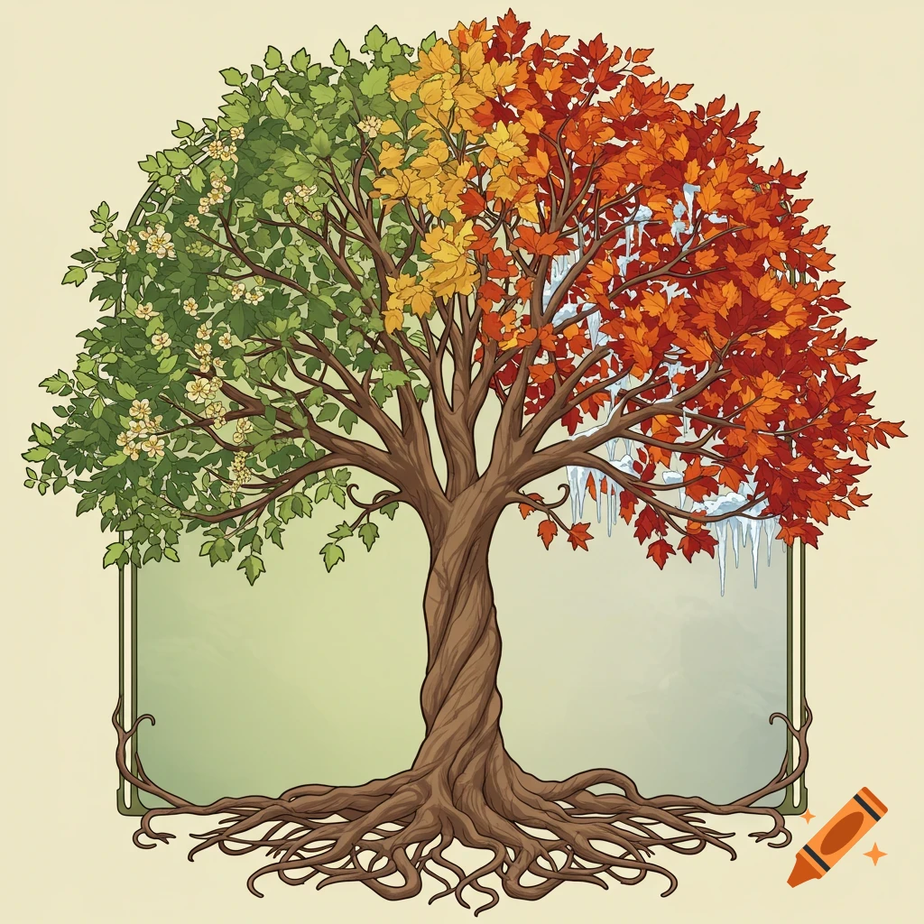 An Art Nouveau illustration of a tree depicting the four seasons: spring, summer, autumn, and winter.