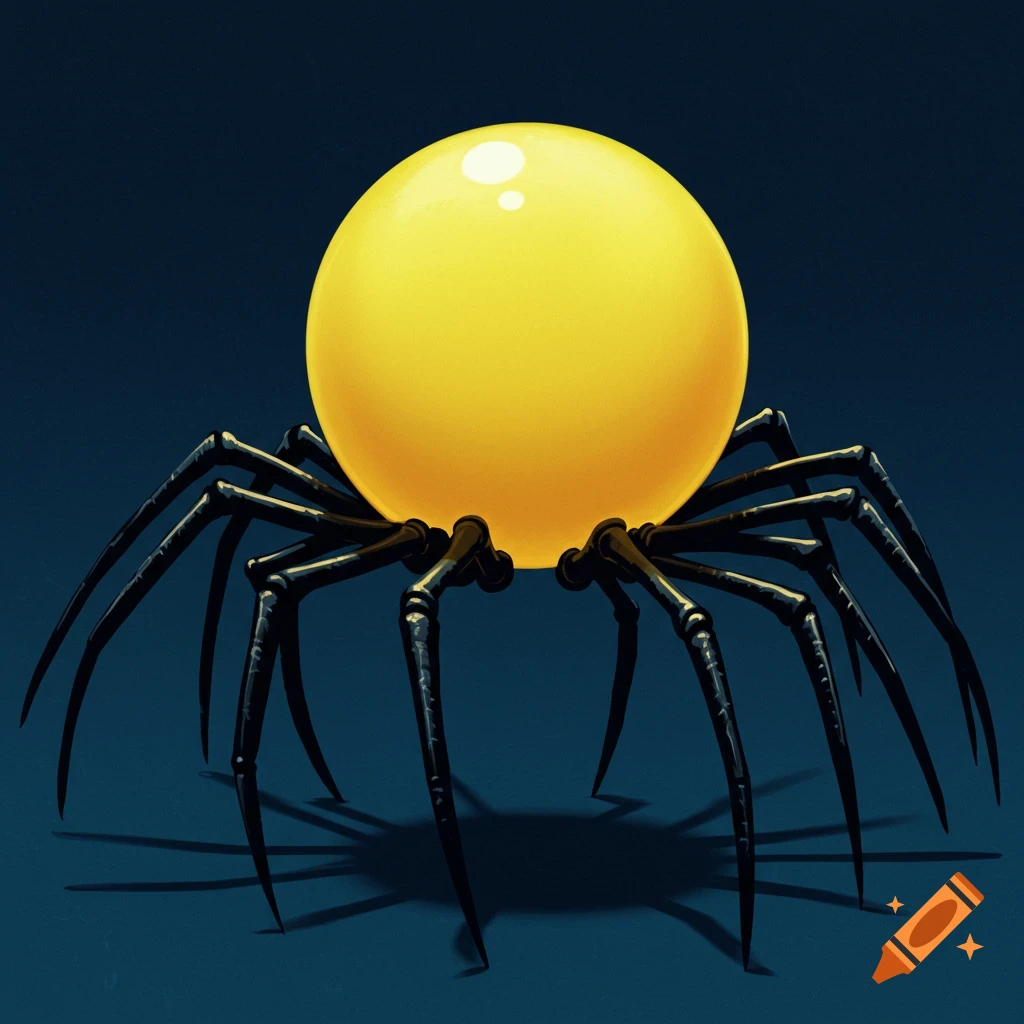 A big yellow ball creature with black spider legs against a dark background.