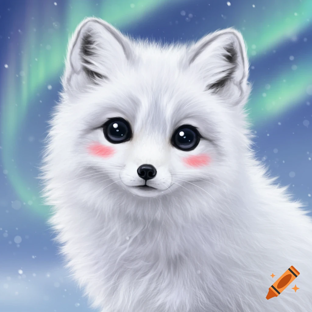 A cute white arctic fox with rosy cheeks under northern lights and snow.