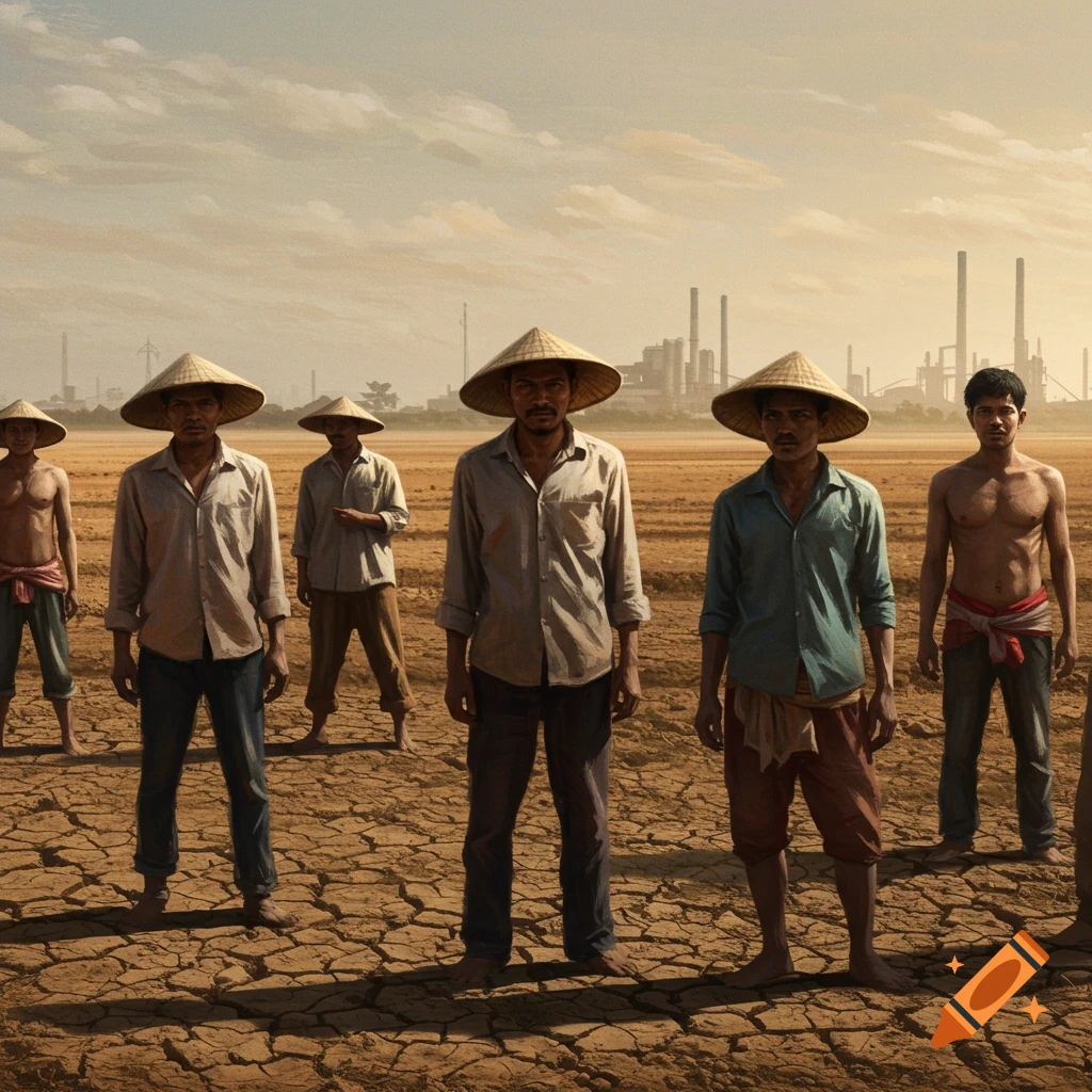 A group of people in conical hats stand in a dry field with factories in the background.