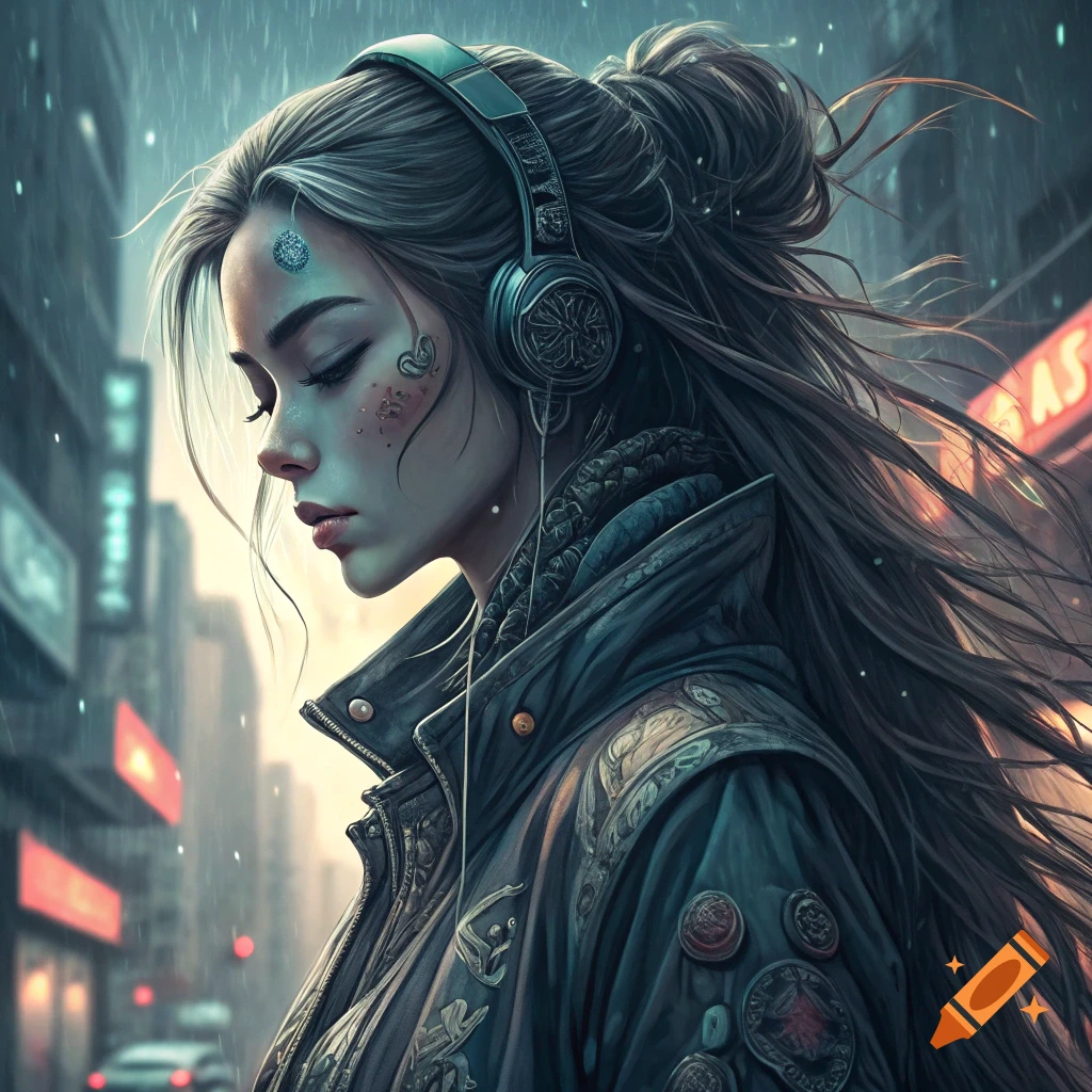 A woman with headphones is on a city street in the rain.