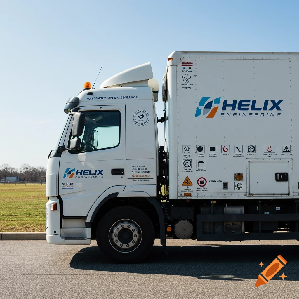 A white truck with a Helix Engineering logo and various decals is parked on a road next to a grassy field.