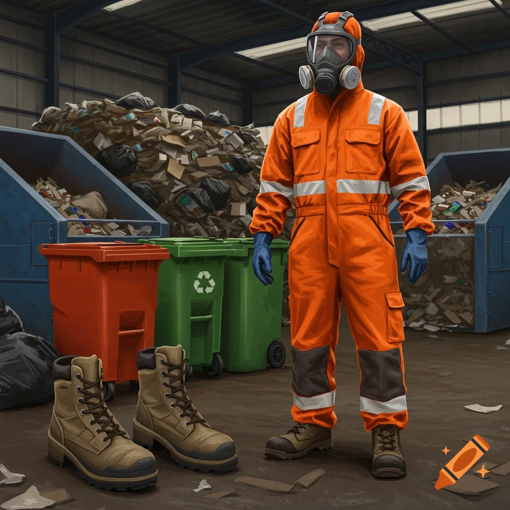 A person in an orange hazmat suit and gas mask stands near trash bins and a large pile of garbage in a waste facility.