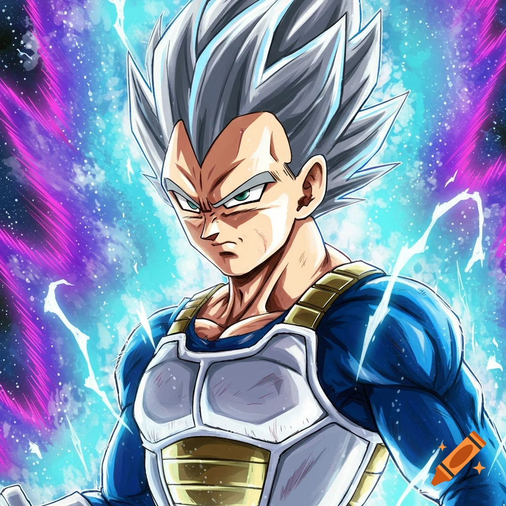 Vegeta in his fighting armor with blue and purple energy effects.