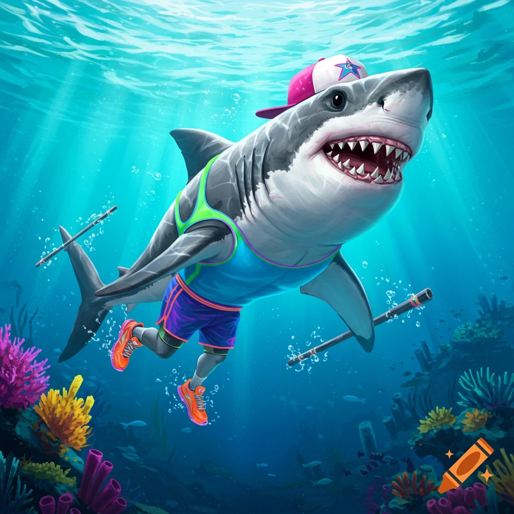 Illustration of a shark wearing a tank top, shorts, sneakers, and cap, swimming underwater near coral.